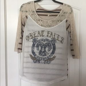 Free People Stripe Lace Baseball 3/4 Sleeve Tee