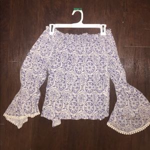 Solemio navy and blue off the shoulder shirt