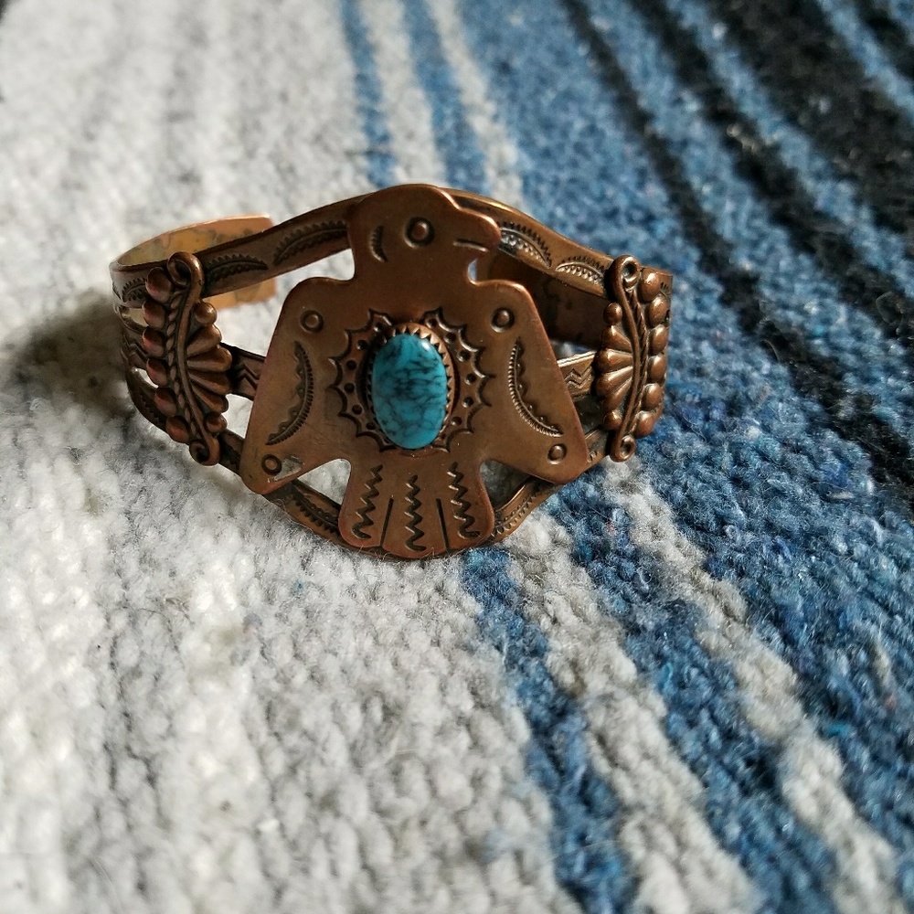 Navajo copper and turquoise thunder bird bracelet