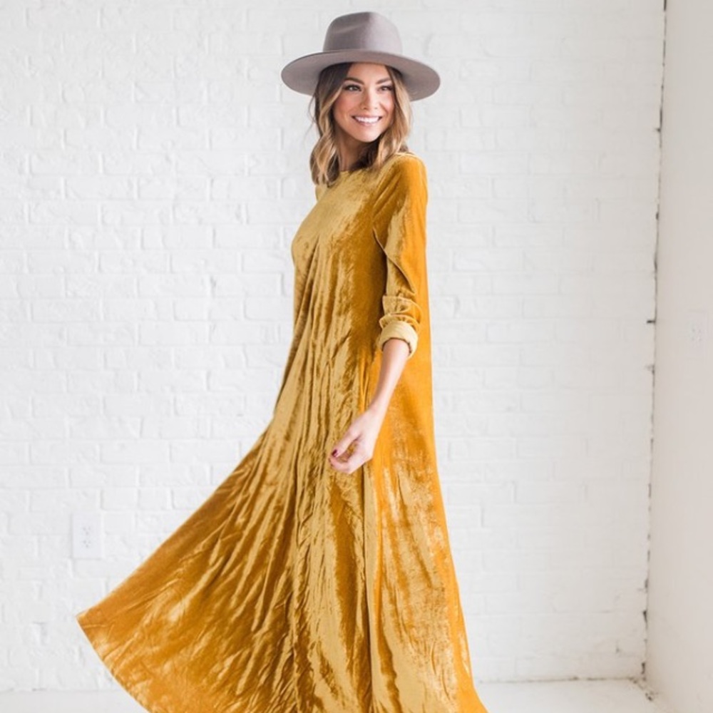 Burnt yellow, velvet dress.
