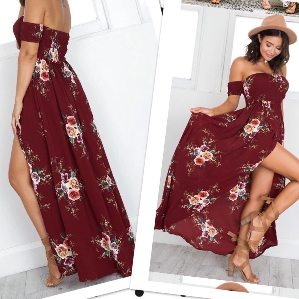 Size added!!❤️Boho Floral maxi dress dark red