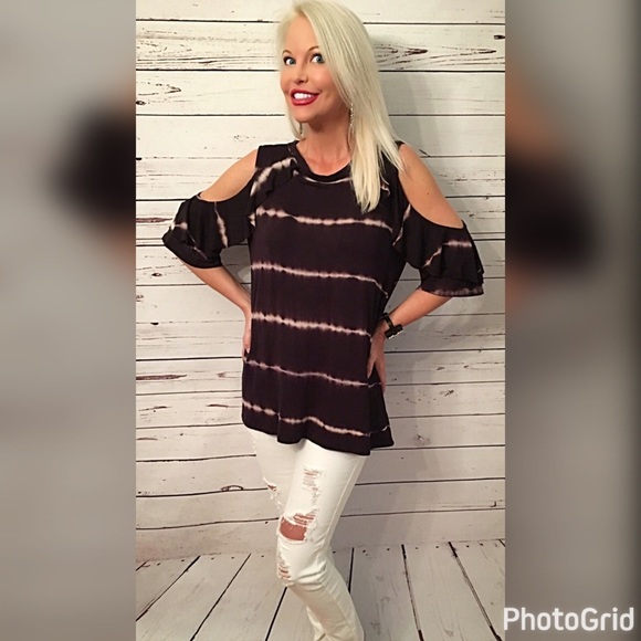 Raglan sleeve cold shoulder ruffle tie dye tunic - Picture 3 of 4