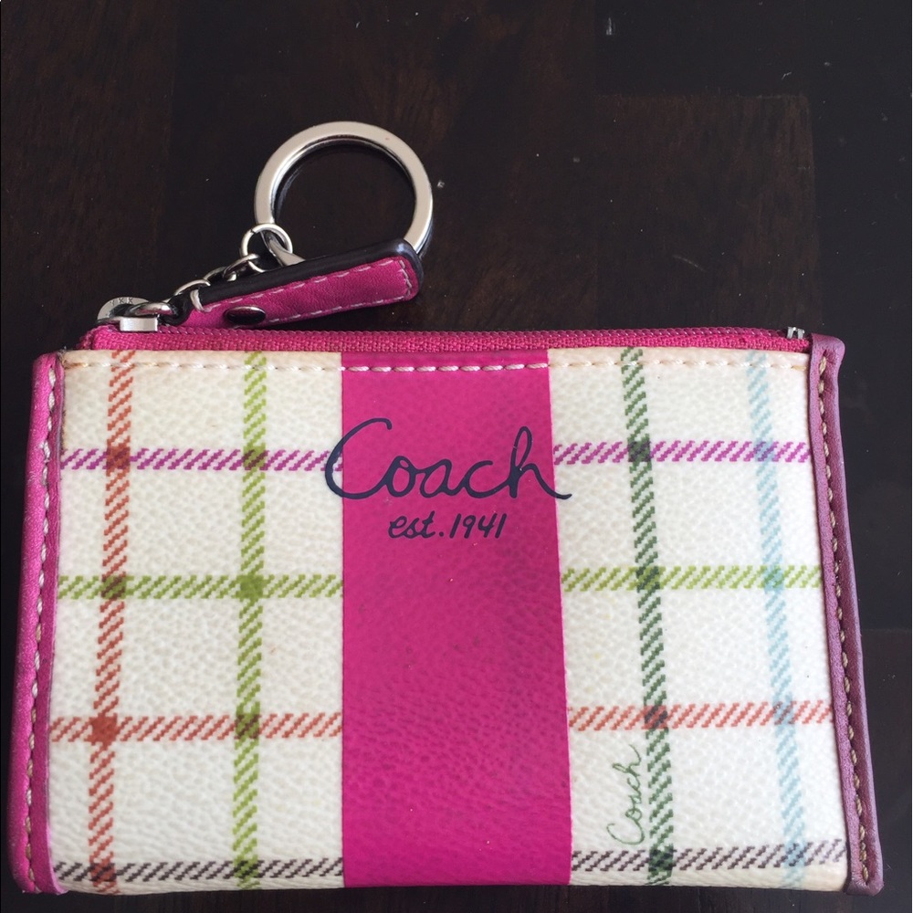 Coach wristlet and keychain, pink with beige