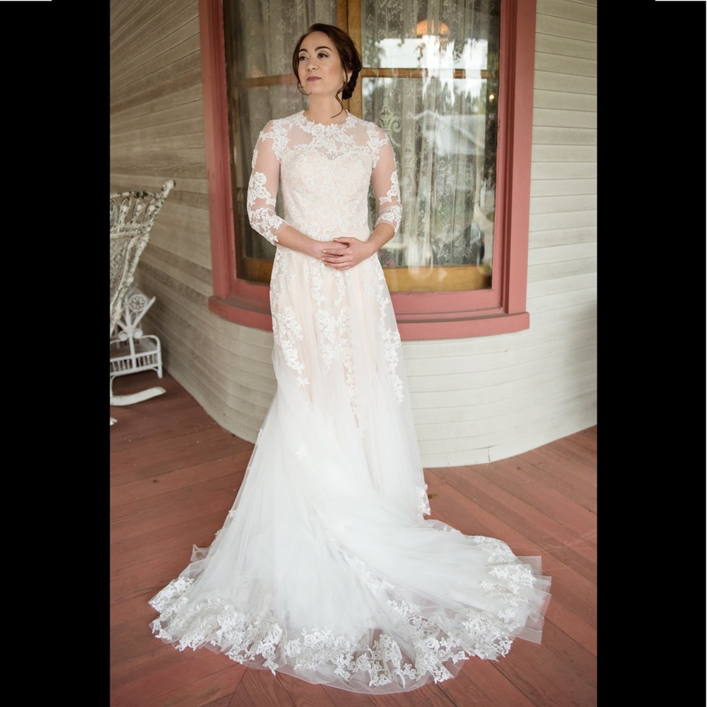 Blush Lace Wedding Dress with 3/4 length sleeves