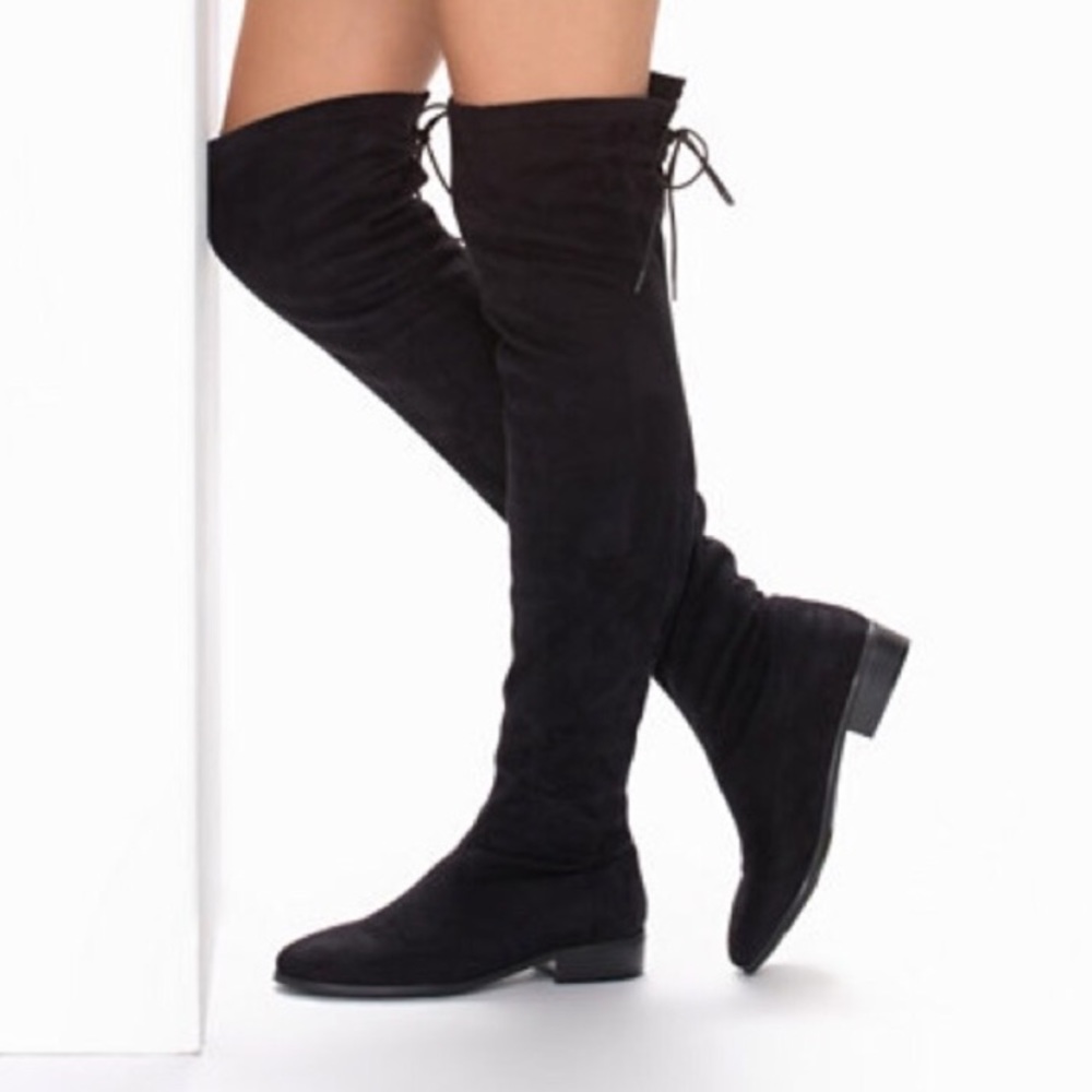 Black suede thigh high boots