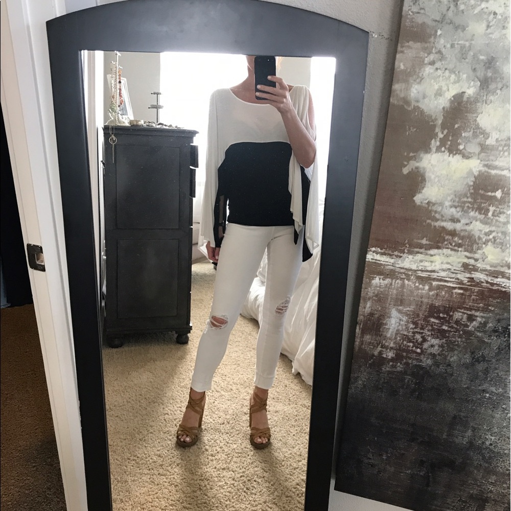 Open shoulder black and white shirt