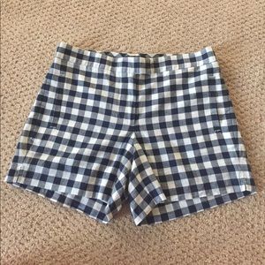Navy and white gingham shorts.