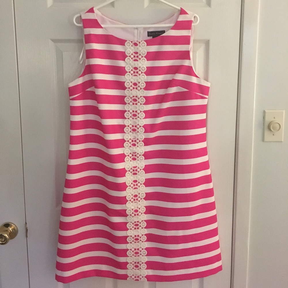 Sleeveless pink/white stripped dress.