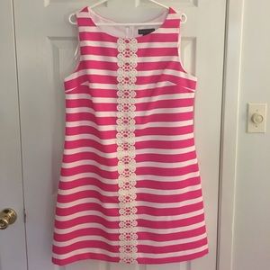 Sleeveless pink/white stripped dress.