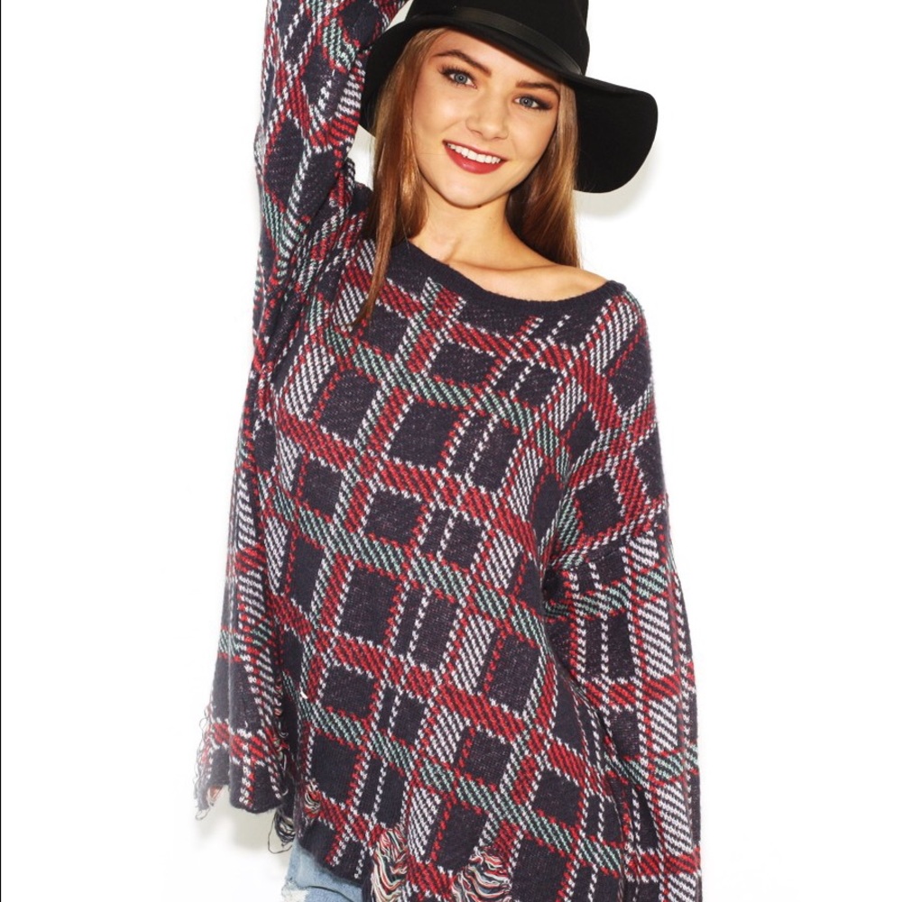 Wildfox White Label Navy Blue Plaid Sweater