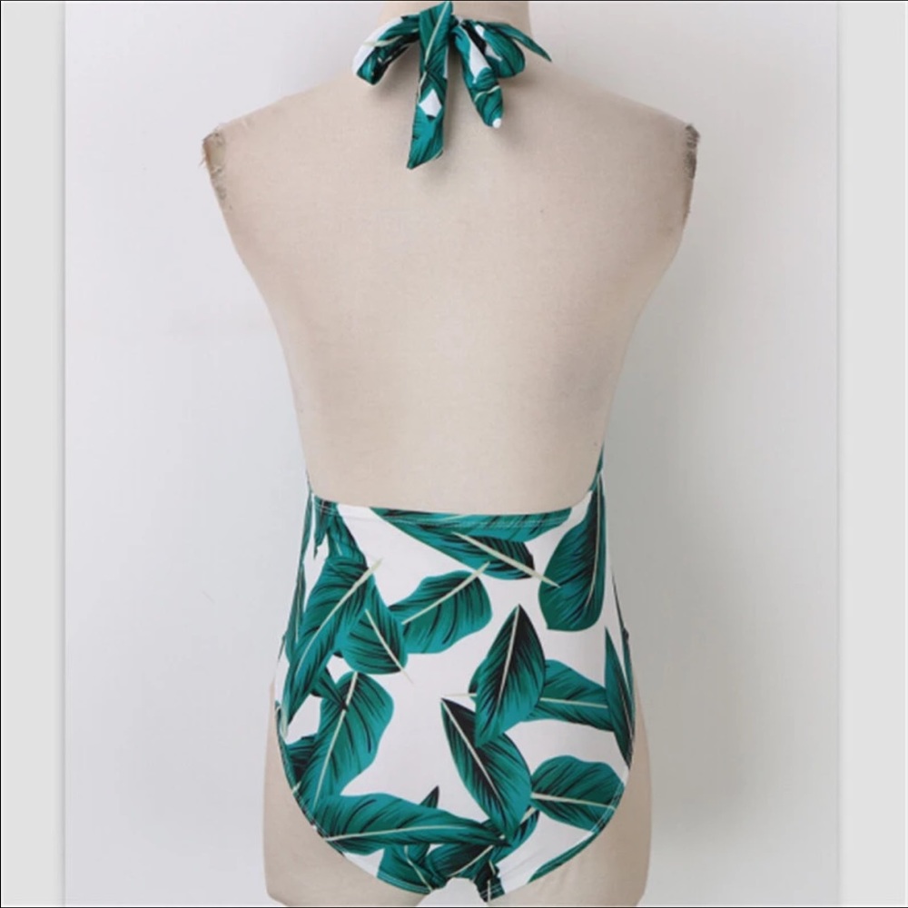 Green Leaf and White One Piece Swimsuit - Picture 3 of 4