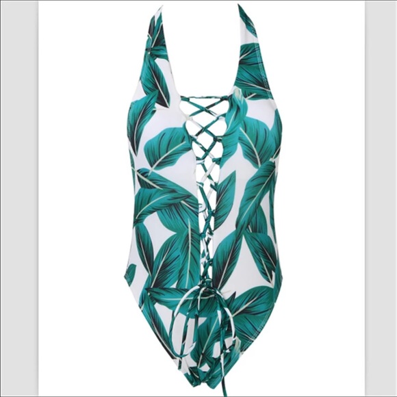 Green Leaf and White One Piece Swimsuit - Picture 2 of 4