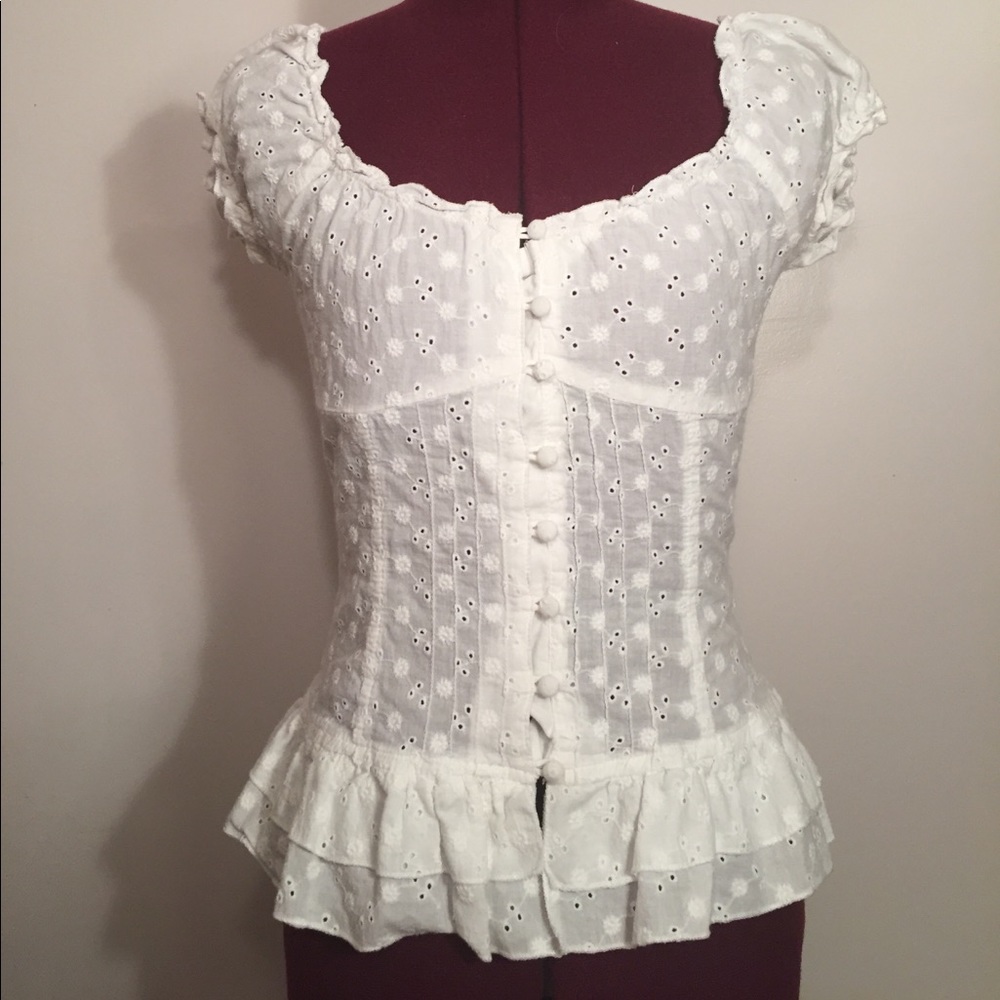White eyelet back lace up peasant top