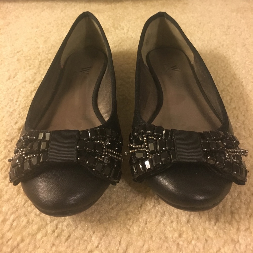 Black ballet flats size 7 with bows and rhinestone