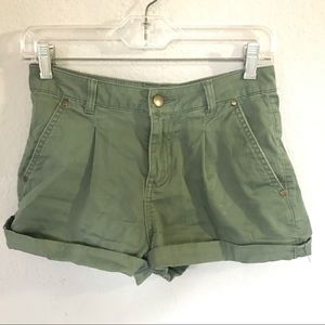 Green denim high waisted shorts