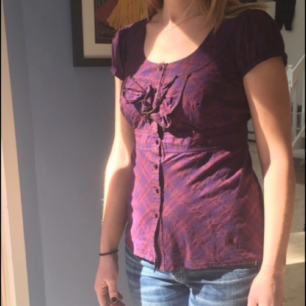 Ann Taylor LOFT purple plaid blouse XS 100% cotton
