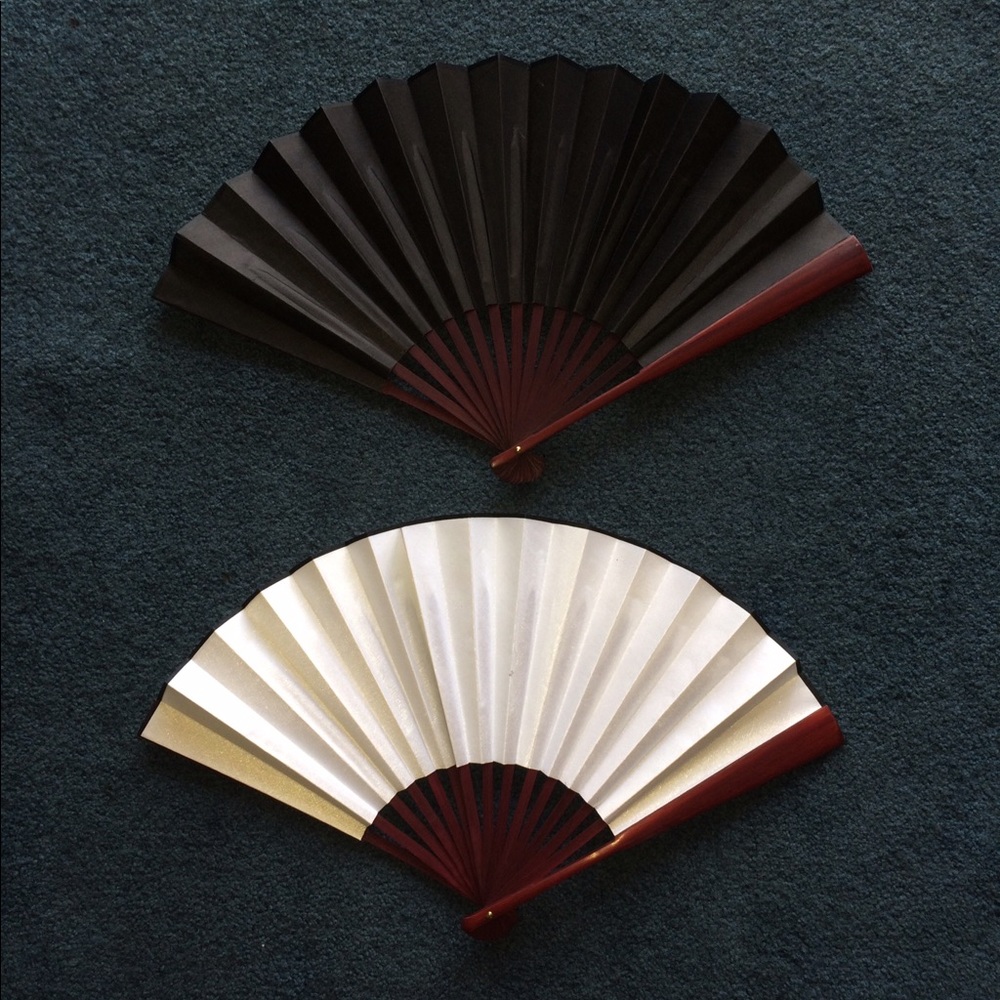 Two Handheld Folding Fans in black and white