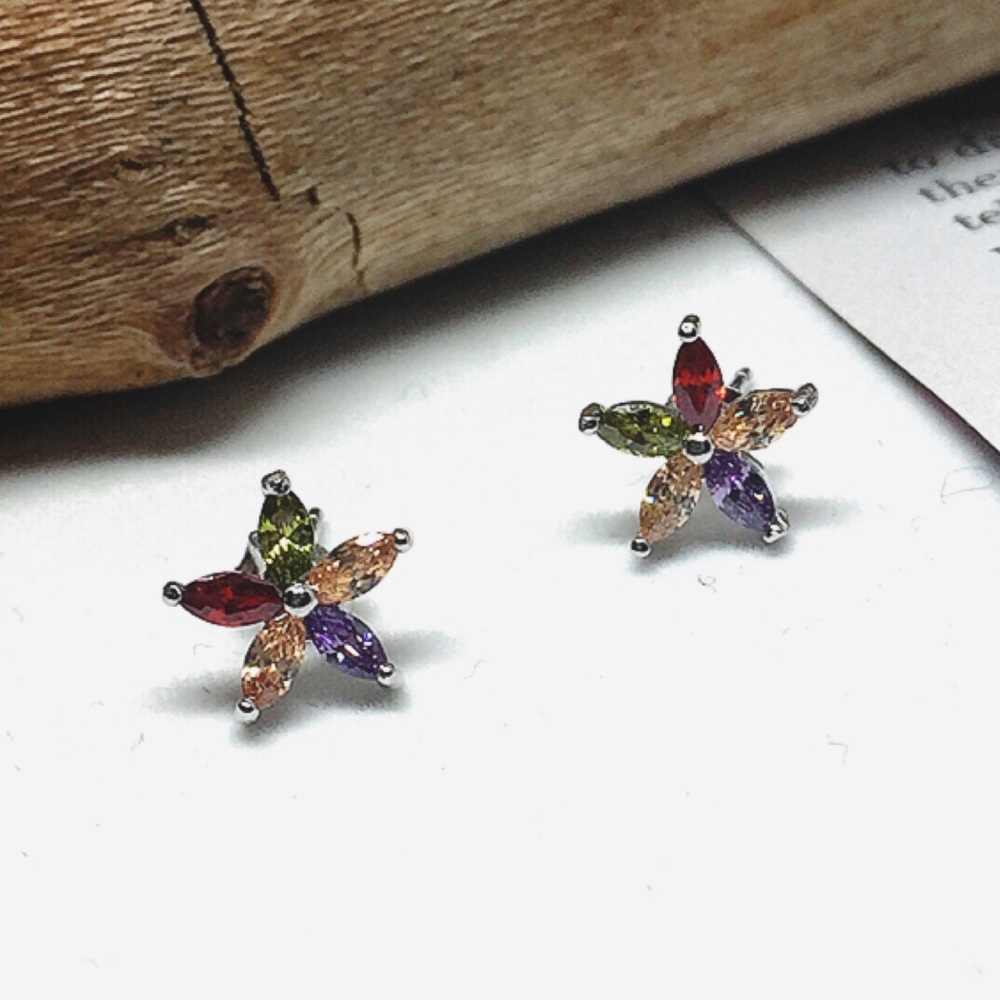 Sterling Silver Crystal CZ Flower Stud Earring - Picture 2 of 6