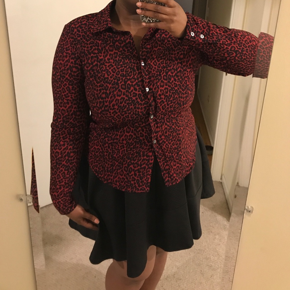 Red Leopard Button Down Blouse