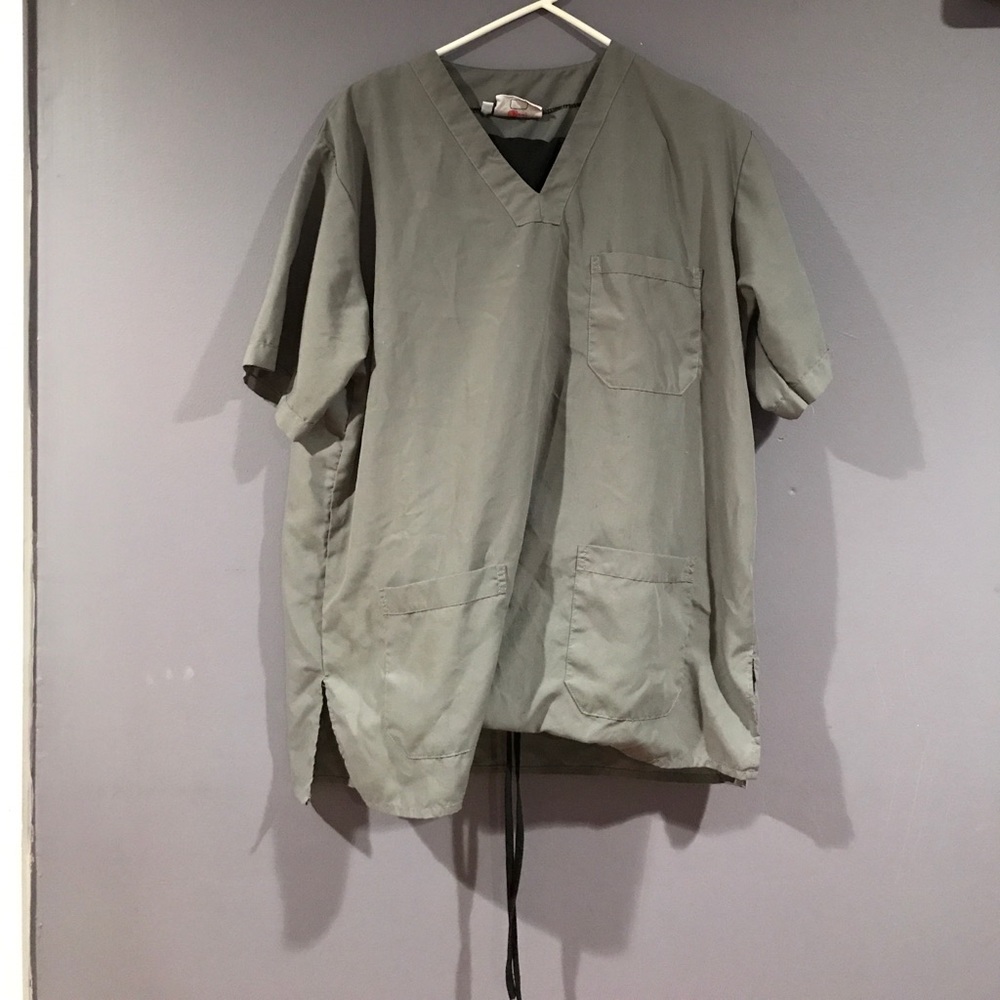 Grey scrub top with black scrub bottom
