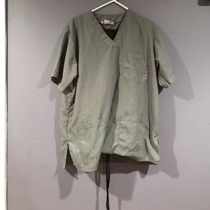 Grey scrub top with black scrub bottom