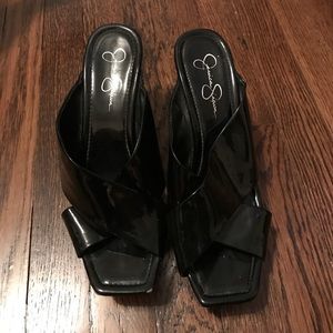 Jessica Simpson black patent wedge-cork heel. SZ10