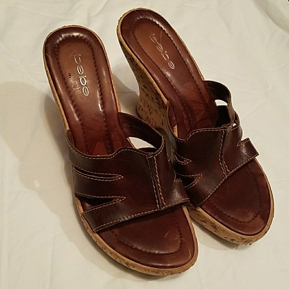 bebe Brown Leather Slides 9