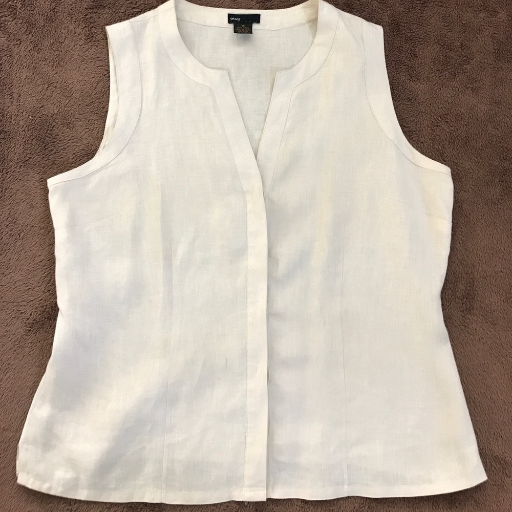 100% Linen Sleeveless V-Neck w/Hidden-Buttons Top