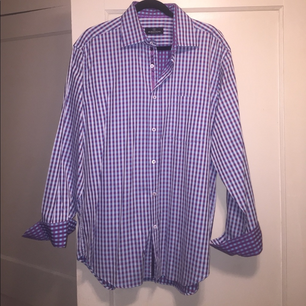 Bugatchi, blue and purple plaid.  Large.