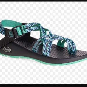 Blue and green chacos