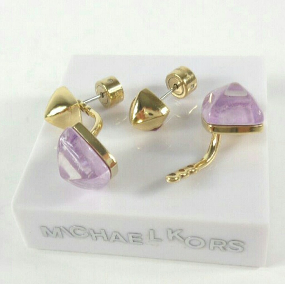 Michael Kors Amethyst Gold Tone Drop Stud Earrings - Picture 3 of 5