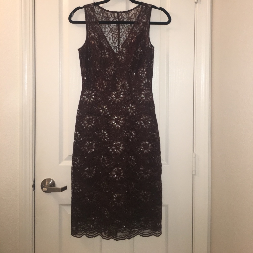 New BCBG silver and brown lace and satin dress