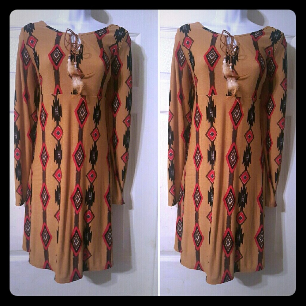 Cute  tan Aztec print knit romper dress