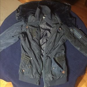 Navy / Black quilted bomber jacket, removable hood