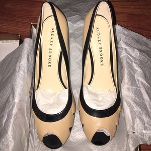 Audrey Brooke Beige Black Patent Peep Toe Heels