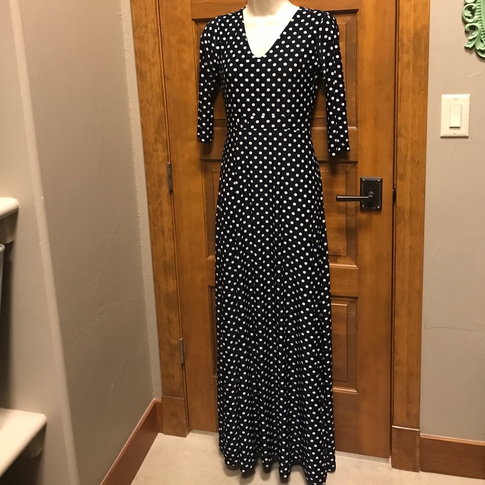 Navy blue and white polka dot maxi dress