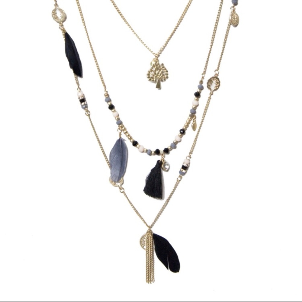 Boho Three Layer Charm Tassel Statement Necklace