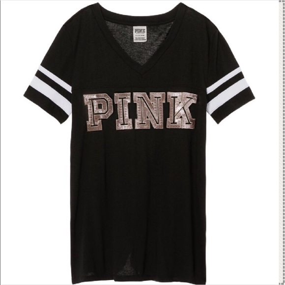 PINK VS pure black bling perfect v neck tee NIP - Picture 1 of 4