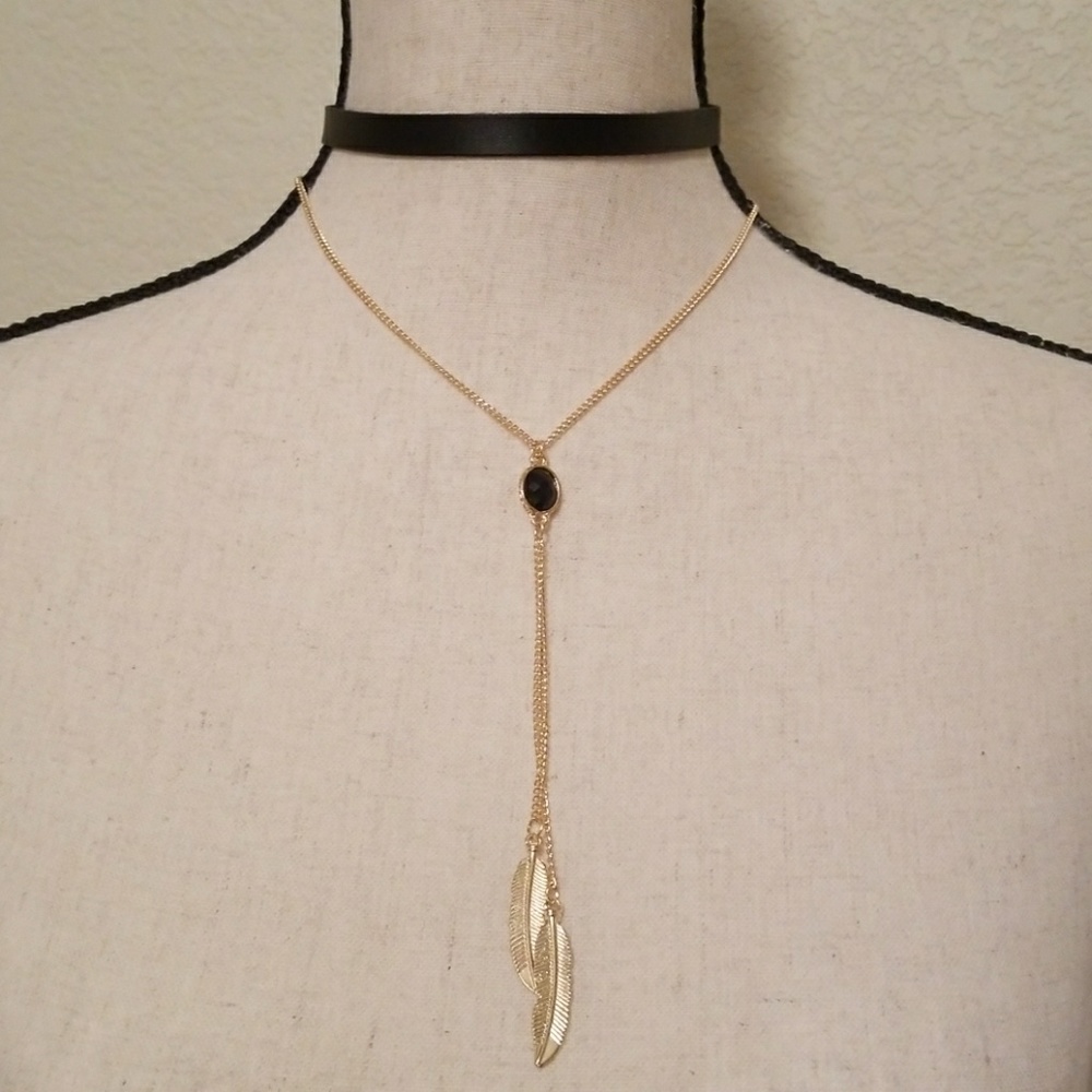 Feather Gem Drop Necklace/ Choker
