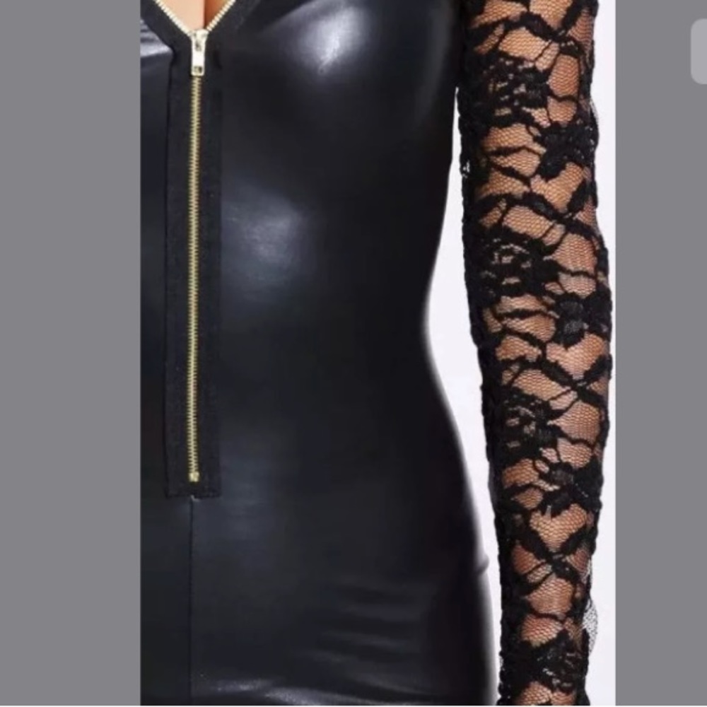 Faux Leather Long Sleeve Lace Zipper Mini Dress - Picture 5 of 6