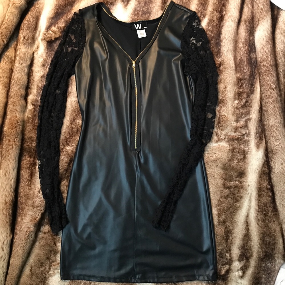 Faux Leather Long Sleeve Lace Zipper Mini Dress - Picture 6 of 6