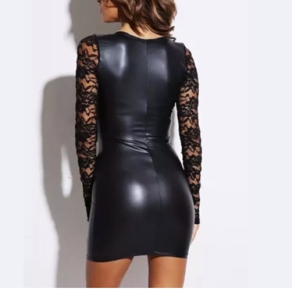 Faux Leather Long Sleeve Lace Zipper Mini Dress - Picture 3 of 6