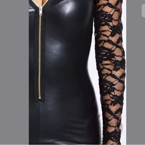 Faux Leather Long Sleeve Lace Zipper Mini Dress - Picture 5 of 6