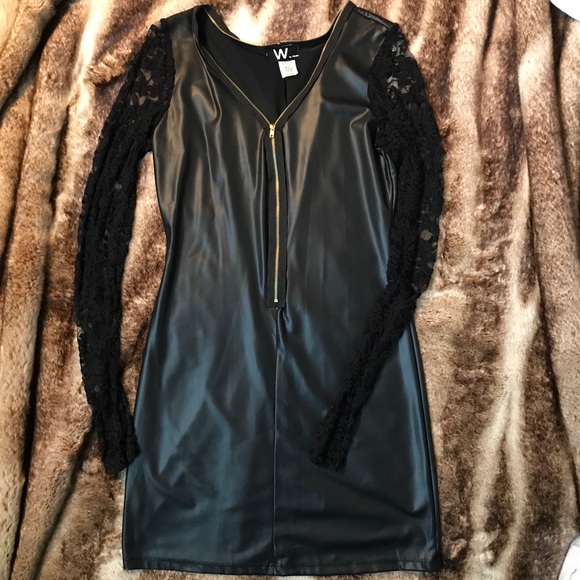 Faux Leather Long Sleeve Lace Zipper Mini Dress - Picture 6 of 6