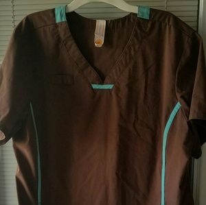 Urbane Brown and Turquoise Scrub Top
