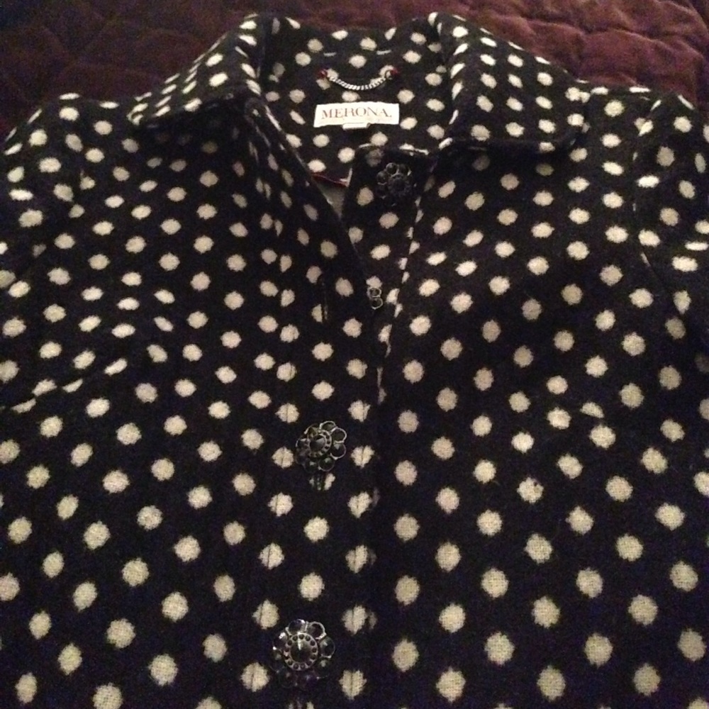 Black and white polka dotted pea coat