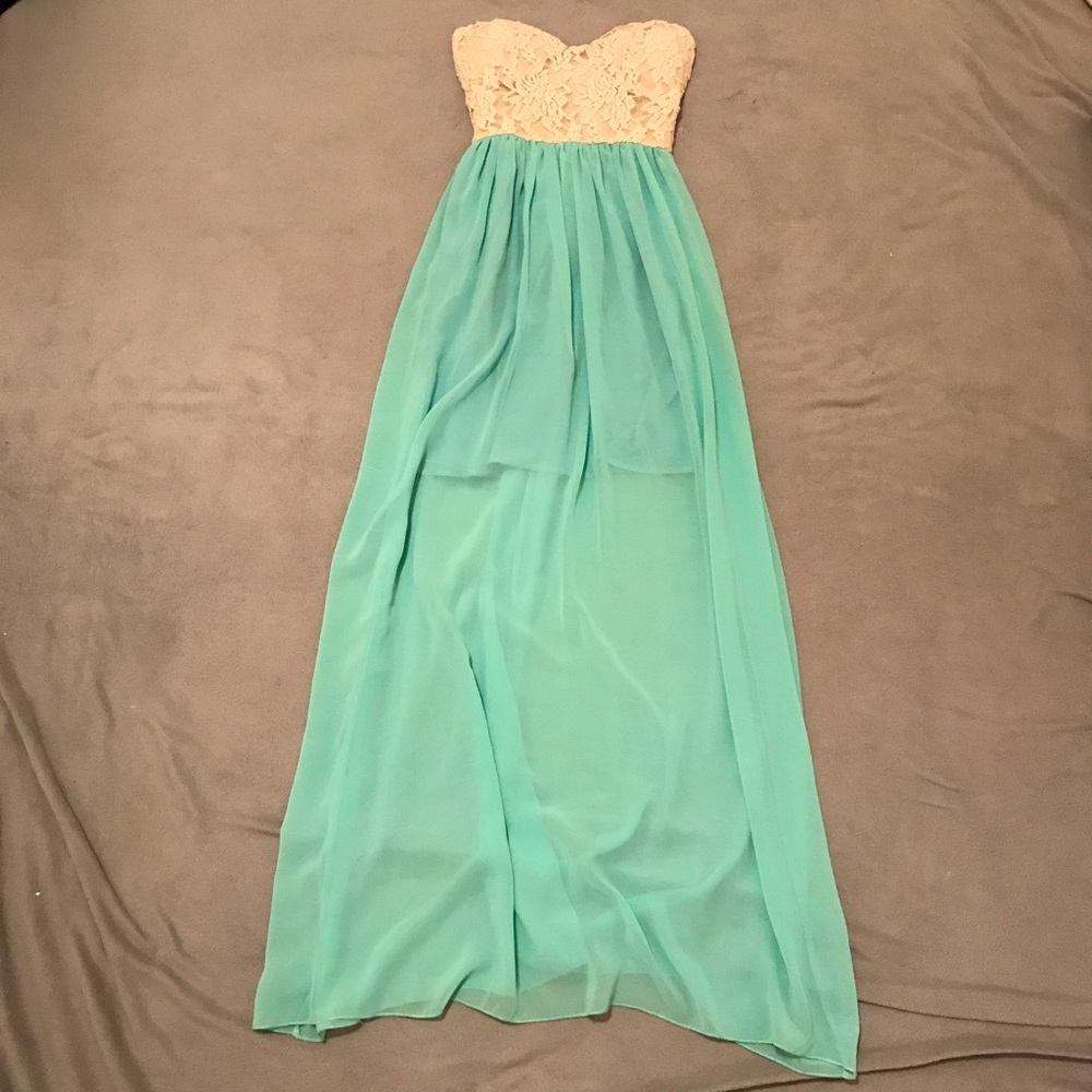 Trac Strapless Lace Turquoise Maxi Dress (sz S)