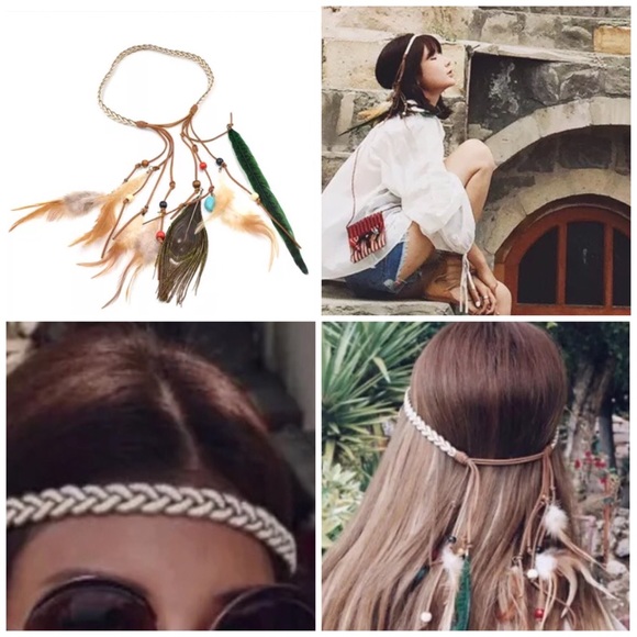 Last1 •new• FESTIVAL BOHO FEATHER BEADS HEADBAND - Picture 2 of 2