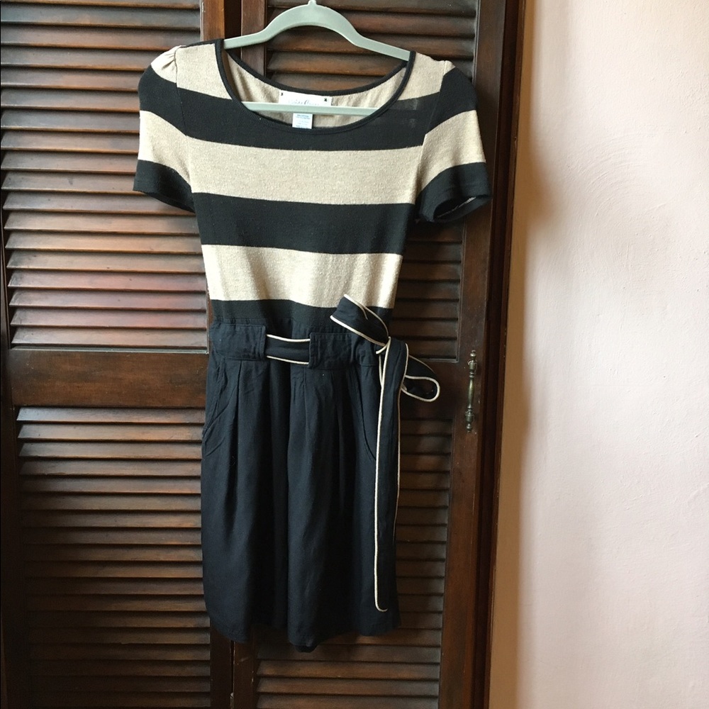 Anthro Criss Cross Black & tan striped dress