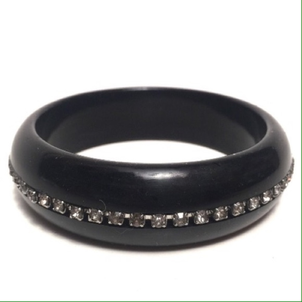 Vintage Black Lucite Rhinestone Bangle Bracelet